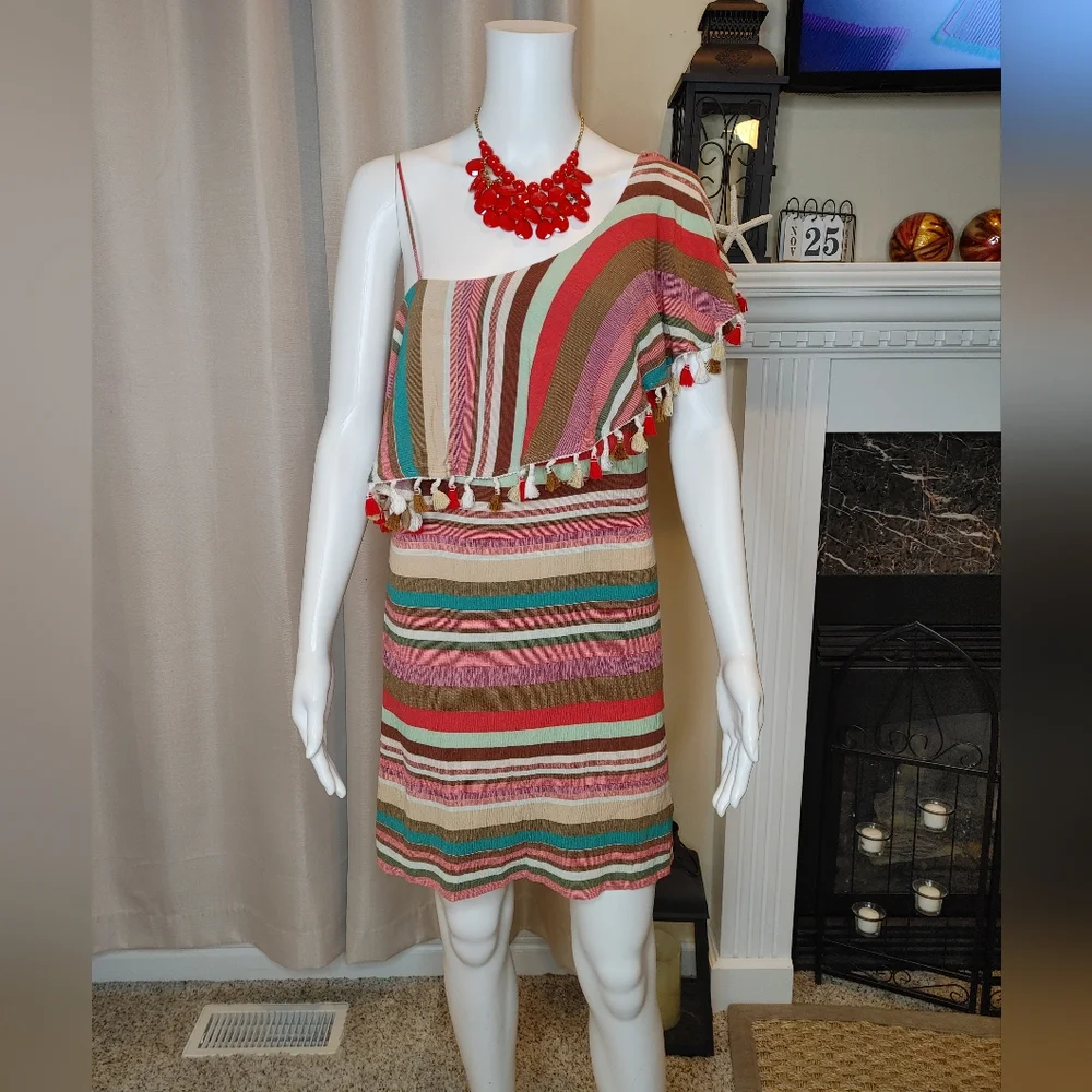 BOSTON PROPER STRIPED RUFFLE DRESS, MULTI-COLOR 8 - Picture 1 of 8